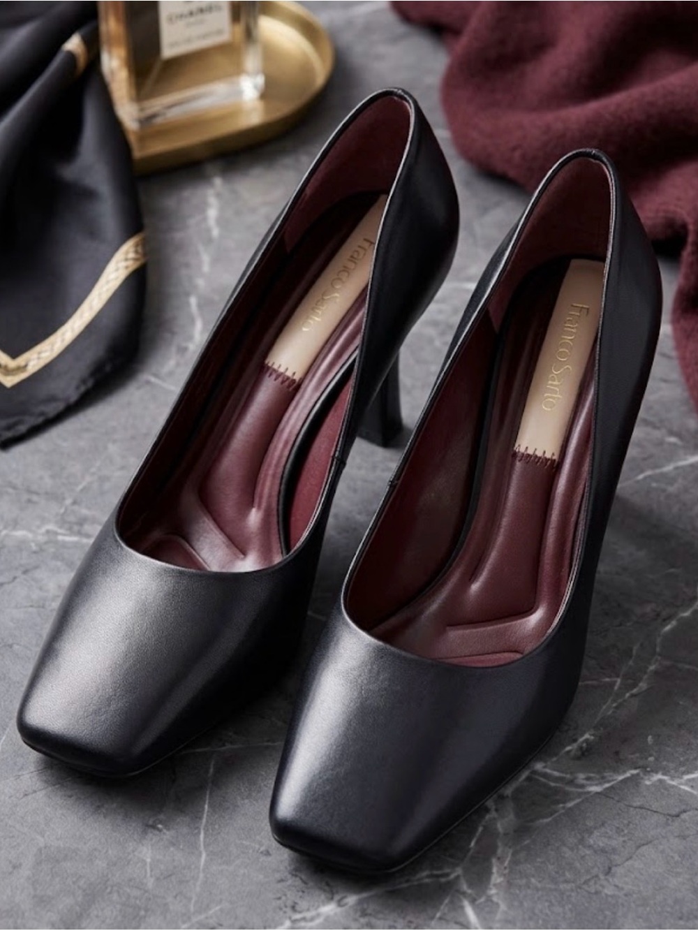 Franco Sarto Black Leather Square-Toe Pumps with Burgundy Interior
